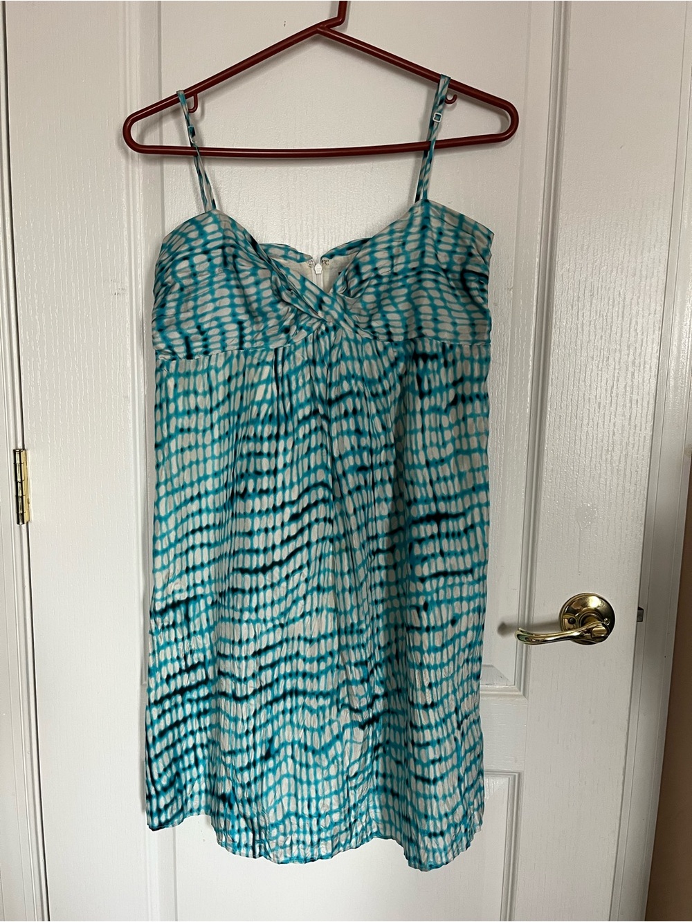 Ann Taylor Teal and White Patterned  Spaghetti Strap Mini Silk Dress